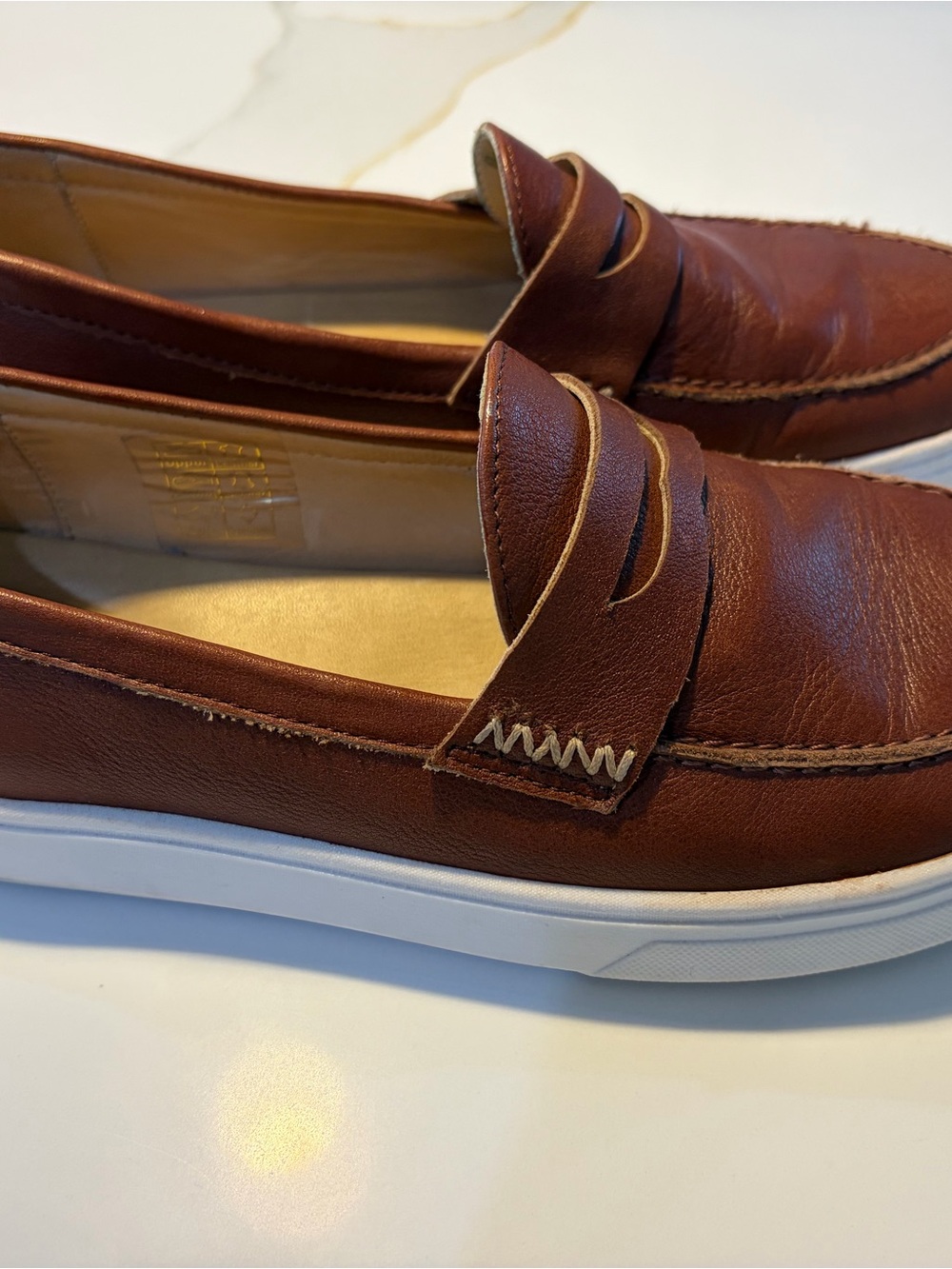 Women's Brown Leather Slip-On Penny Loafers with White Sole
